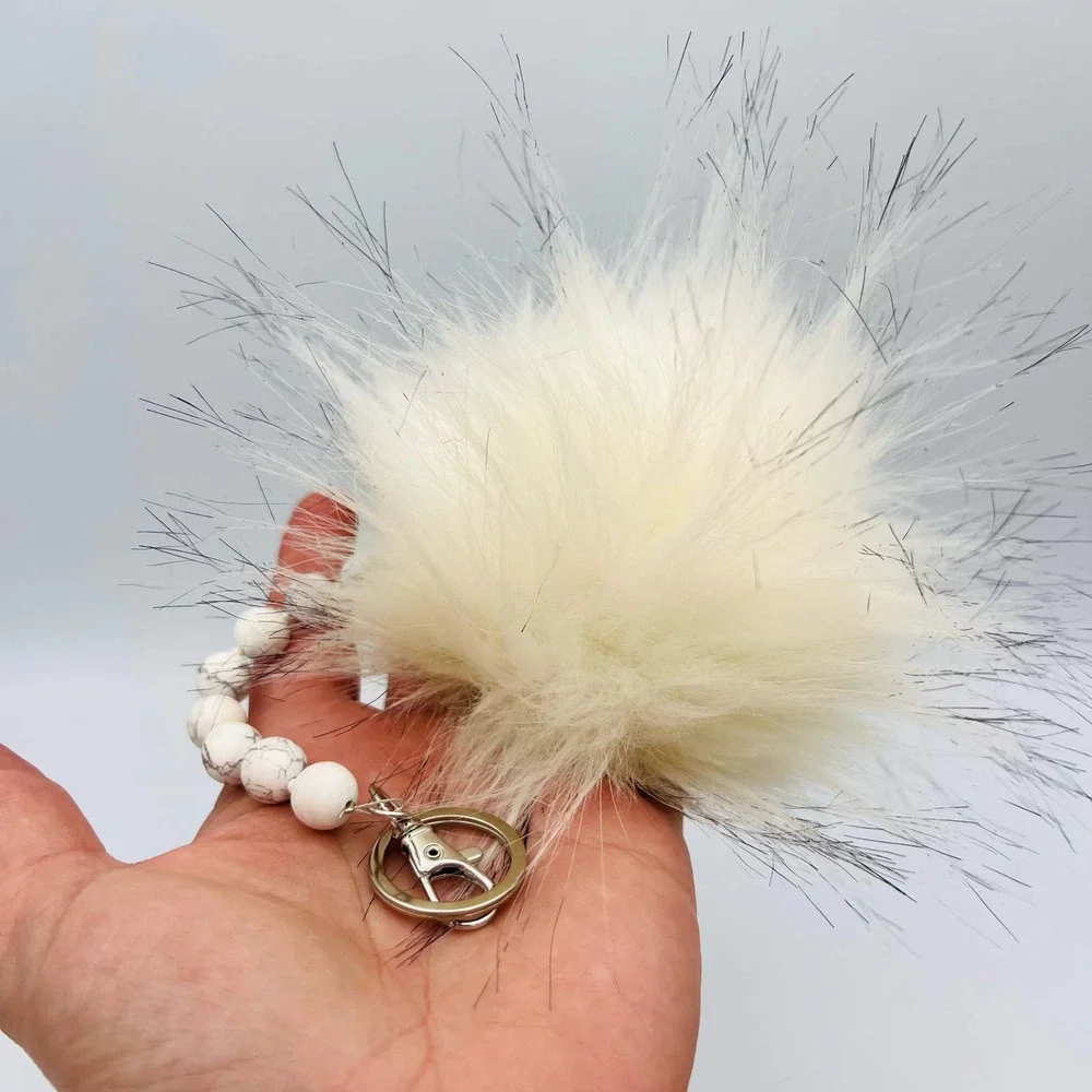 Handmade Faux Fur Pompom Keychain Bag Charm Howlite Beads White Gray Silver